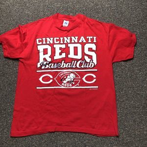 VINTAGE Logo 7 Cincinnati Reds Shirt Adult Large Short Sleeve Red 1990